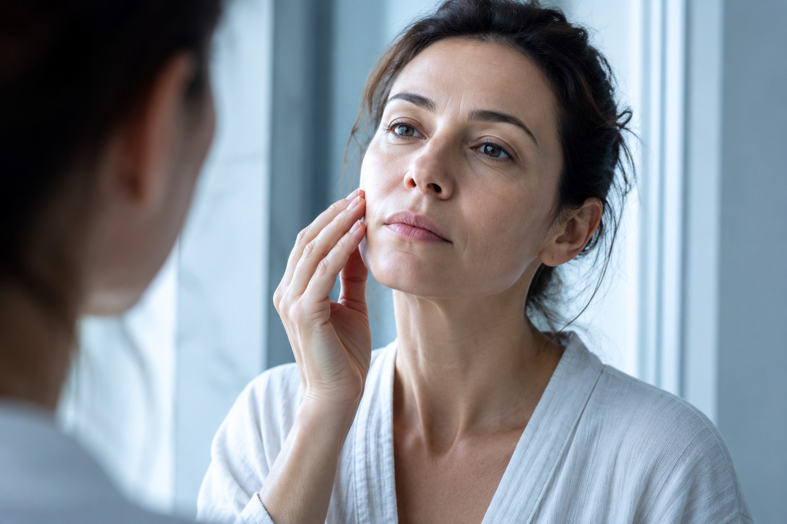 Woman examining her skin in natural light