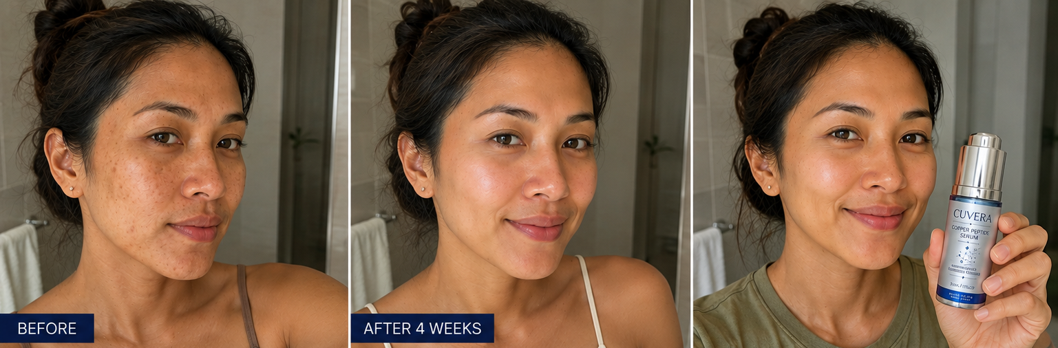 Illustrative female before-and-after skincare result example with CUVERA serum