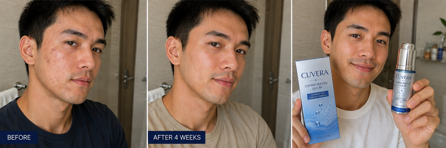 Illustrative male before-and-after skincare result example with CUVERA serum